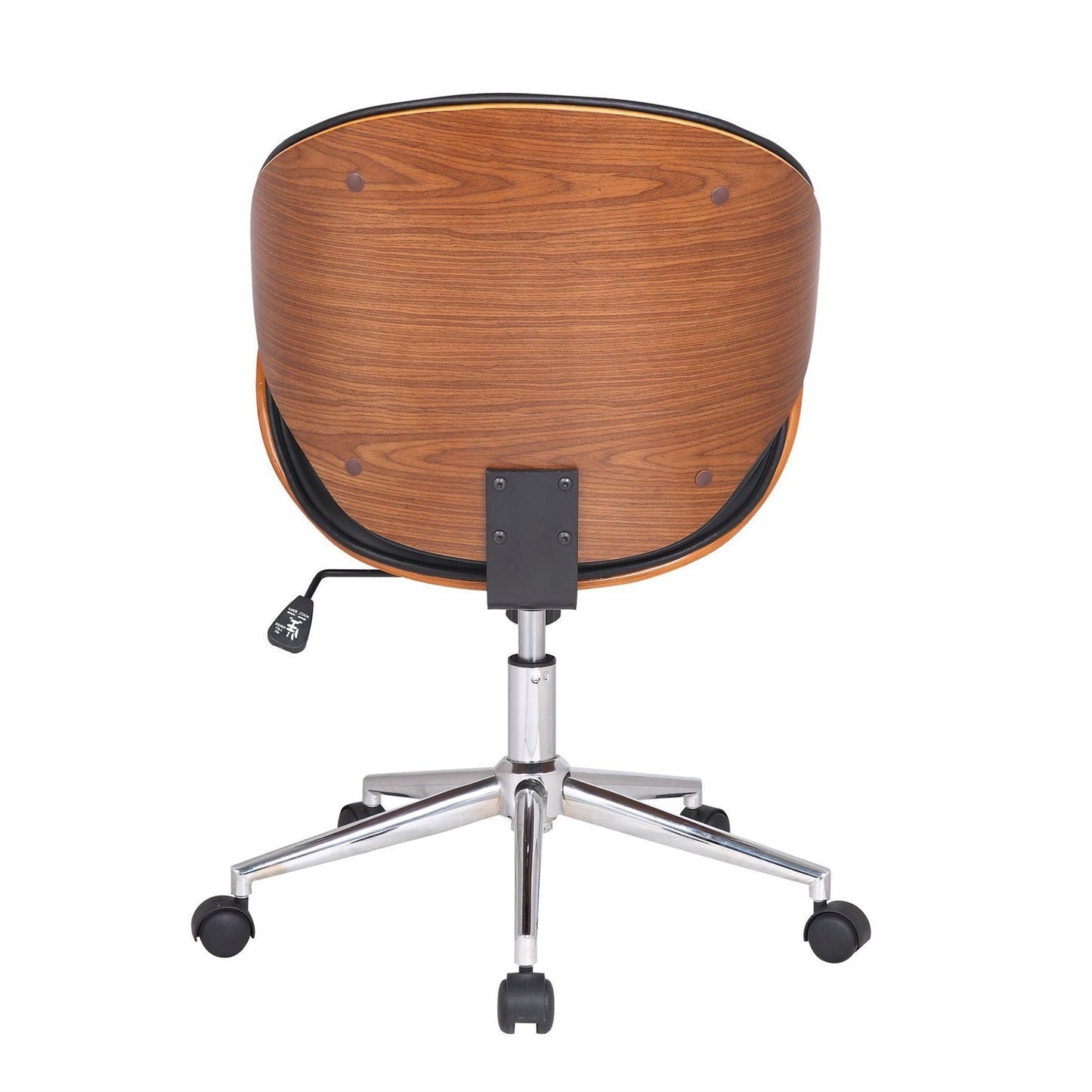 Silla de oficina moderna clásica de nogal y piel sintética negra con asiento curvo