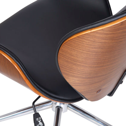 Silla de oficina moderna clásica de nogal y piel sintética negra con asiento curvo