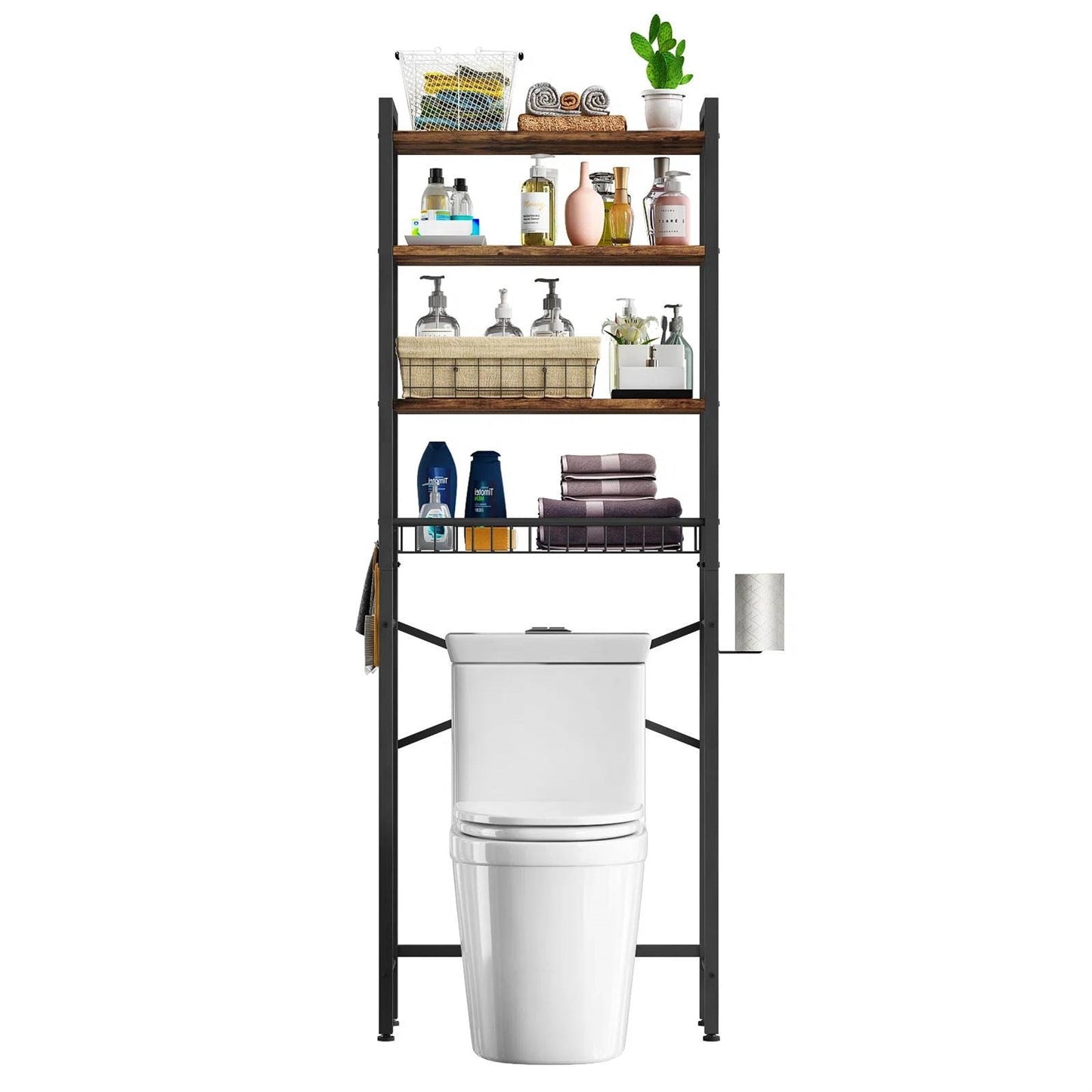 Estantería de almacenamiento sobre el inodoro, independiente, de metal industrial y madera