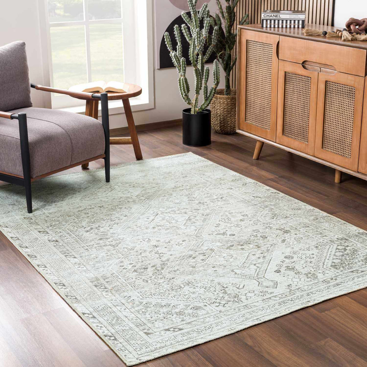 Barny Sage flat pile washable rug by Boutique Rugs in light sage with decorative border on Tampa Home & Garden Store