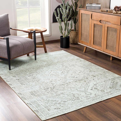 Barny Sage flat pile washable rug by Boutique Rugs in light sage with decorative border on Tampa Home & Garden Store