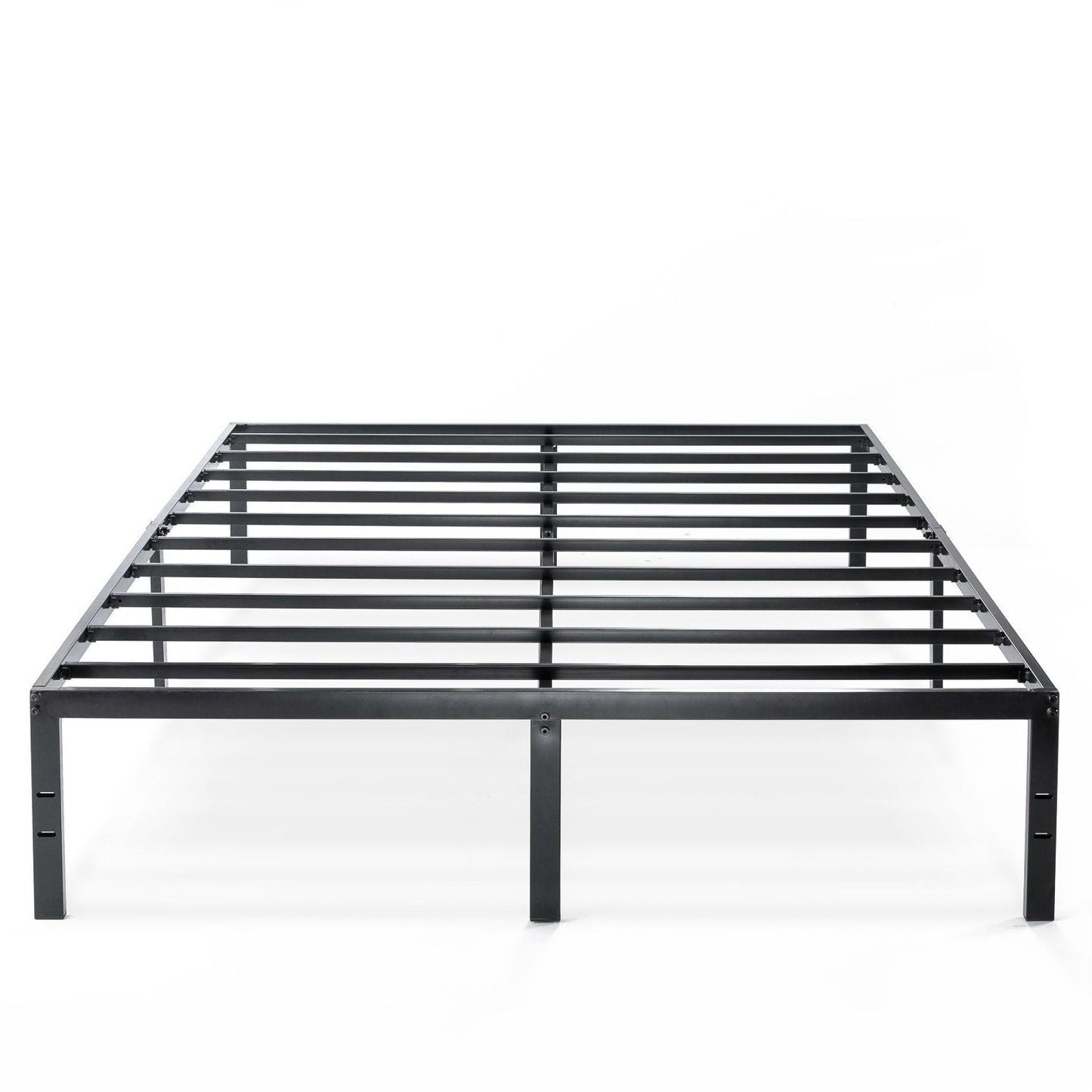 Marco de cama de plataforma de metal negro resistente tamaño Queen con anclajes para cabecera