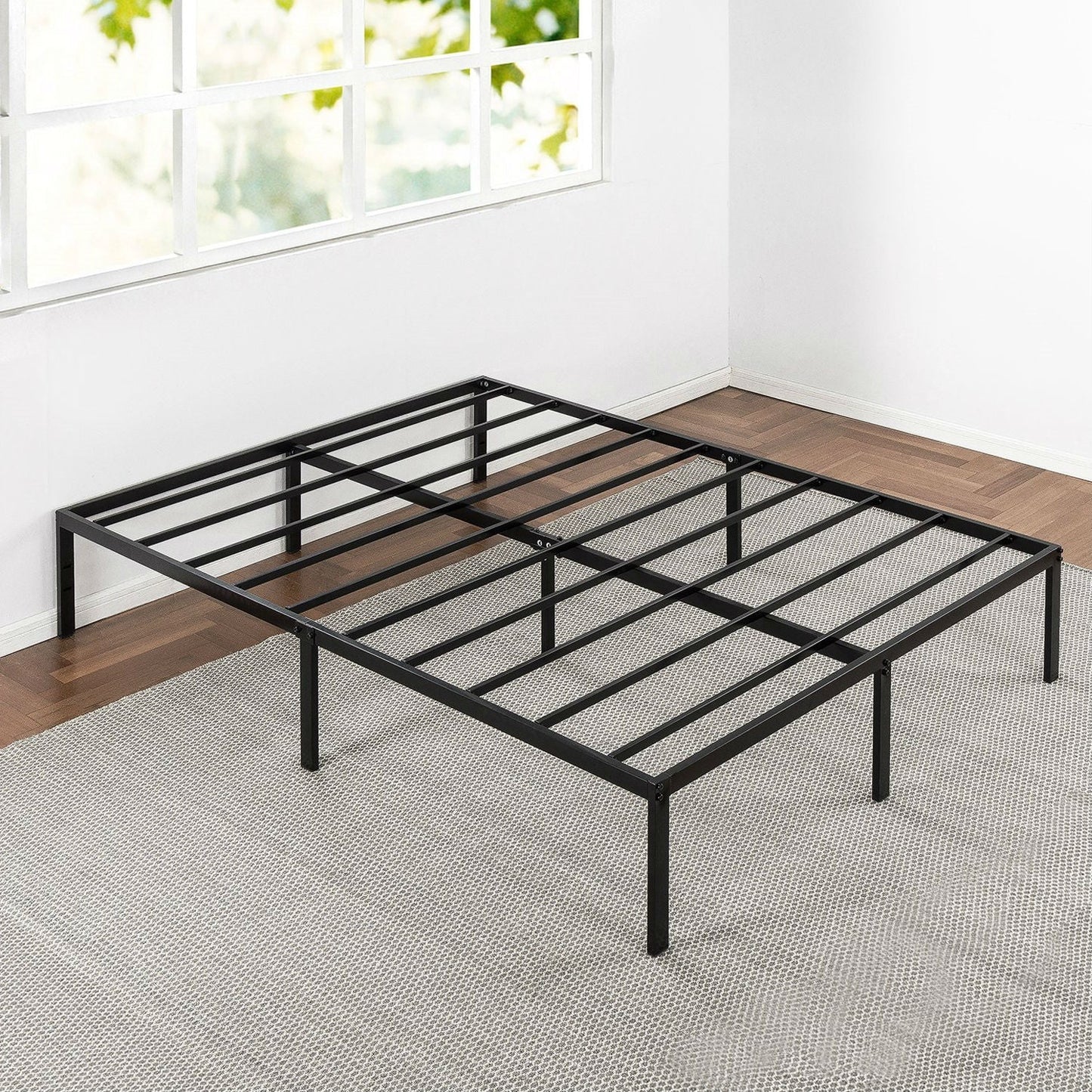 Marco de cama de plataforma de metal negro resistente tamaño Queen con anclajes para cabecera