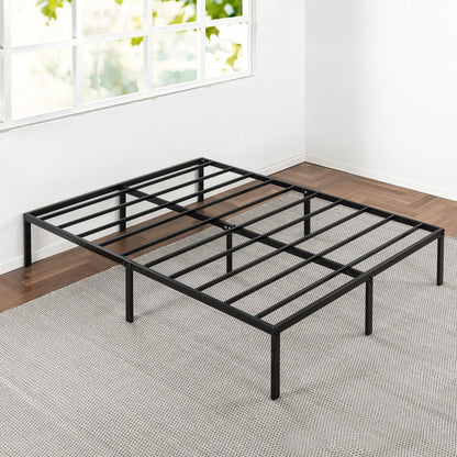 Marco de cama de plataforma de metal negro resistente tamaño Queen con anclajes para cabecera