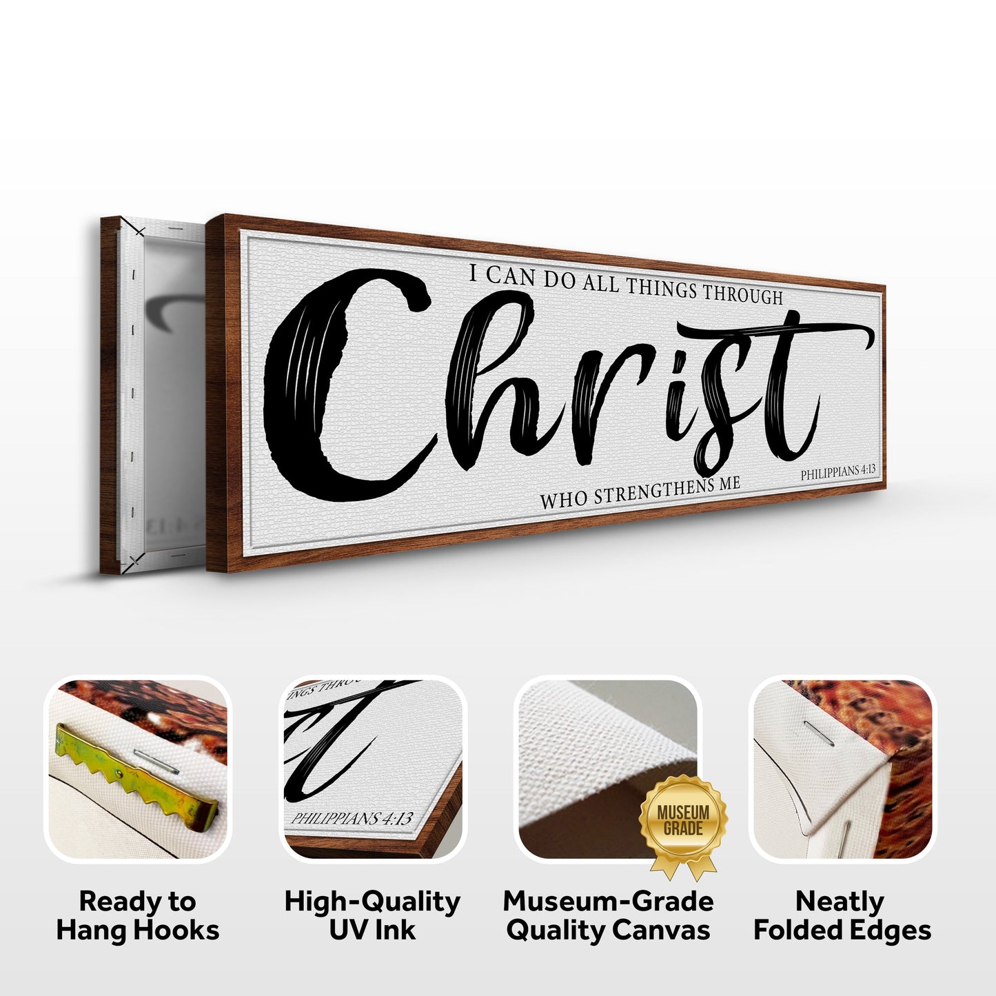 Canvas sign Tailored Canvases with I Can Do All Things Through Christ text in script wood on Tampa Home & Garden Store