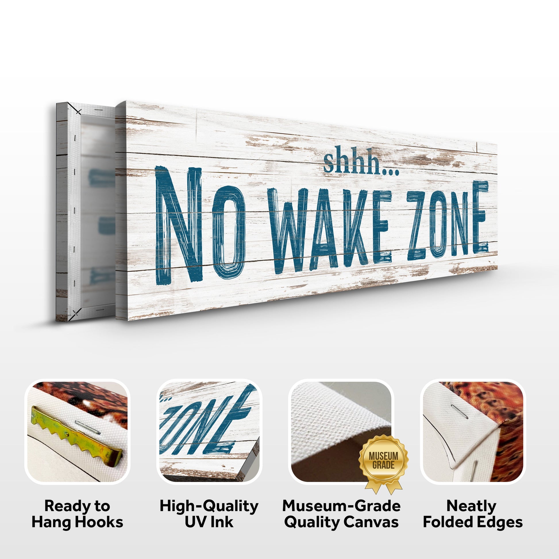 No Wake Zone canvas sign with distressed white wood background and bold blue lettering on Tampa Home & Garden Store
