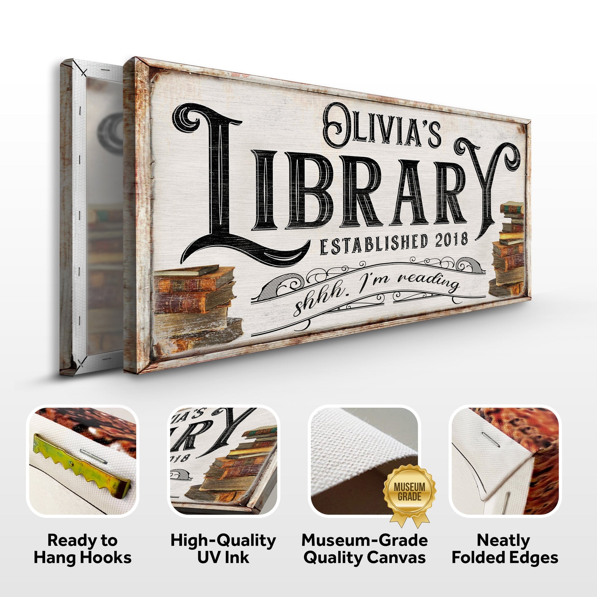 Shhh I'm Reading Library Sign canvas with wood and bold typography by Tailored Canvases on Tampa Home & Garden Store