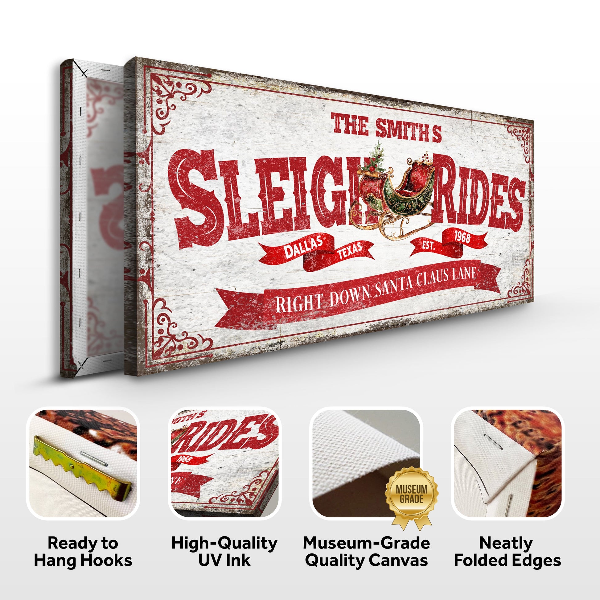 Canvas Sleigh Rides Christmas Sign IV by Tailored Canvases with distressed red typography on Tampa Home & Garden Store