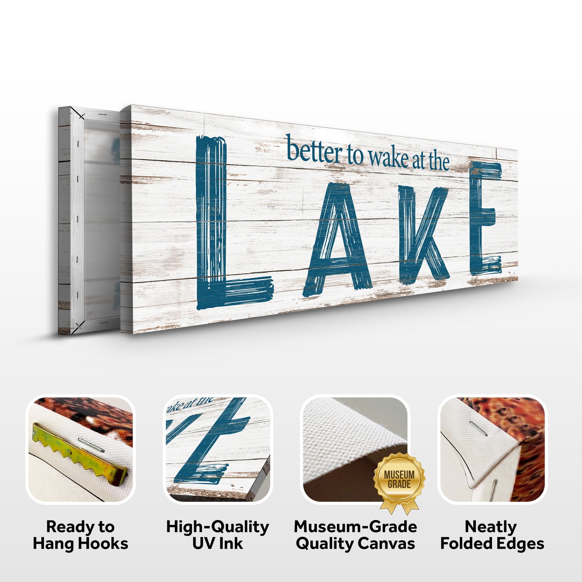 Better To Wake At The Lake II canvas with wood and blue lettering by Tailored Canvases on Tampa Home & Garden Store