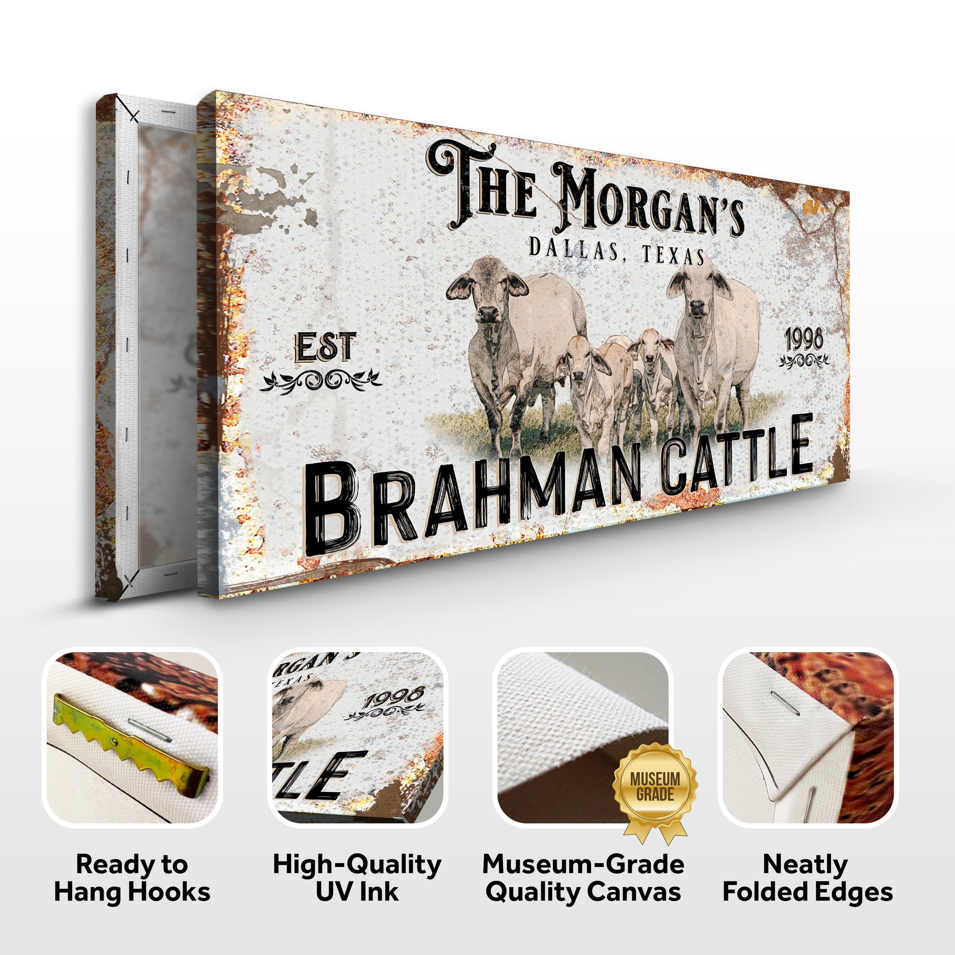 Personalized Brahman Cattle Sign II canvas by Tailored Canvases with rustic distressed finish on Tampa Home & Garden Store