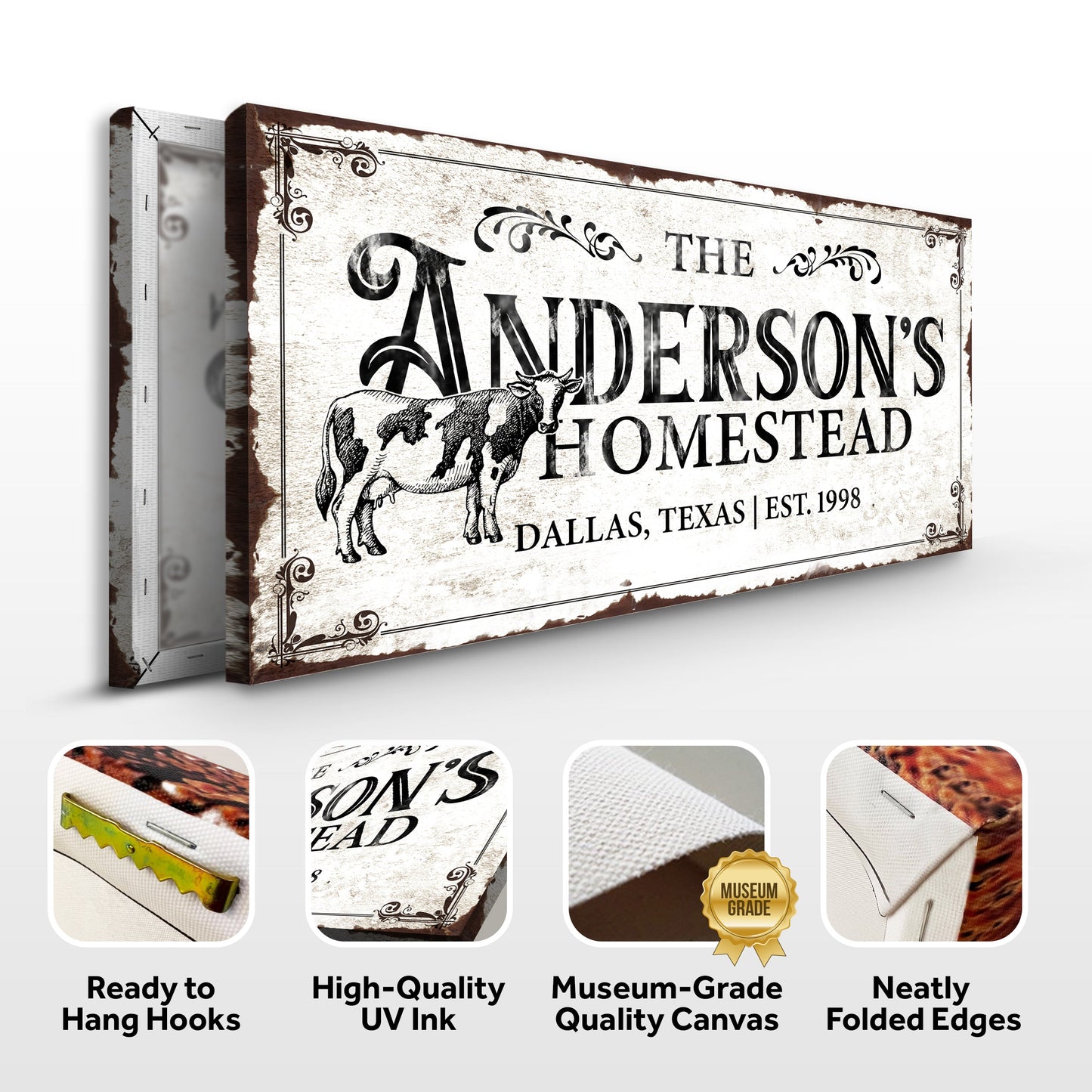 Homestead Sign IX canvas by Tailored Canvases with vintage border and cow illustration on Tampa Home & Garden Store