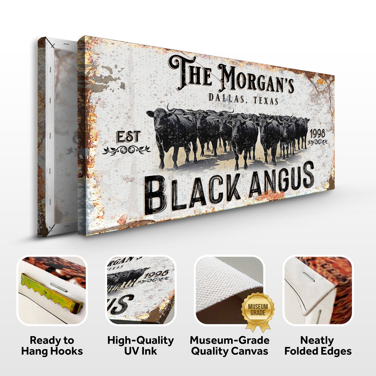Personalized Black Angus Cattle Sign II canvas by Tailored Canvases with rustic look and herd on Tampa Home & Garden Store