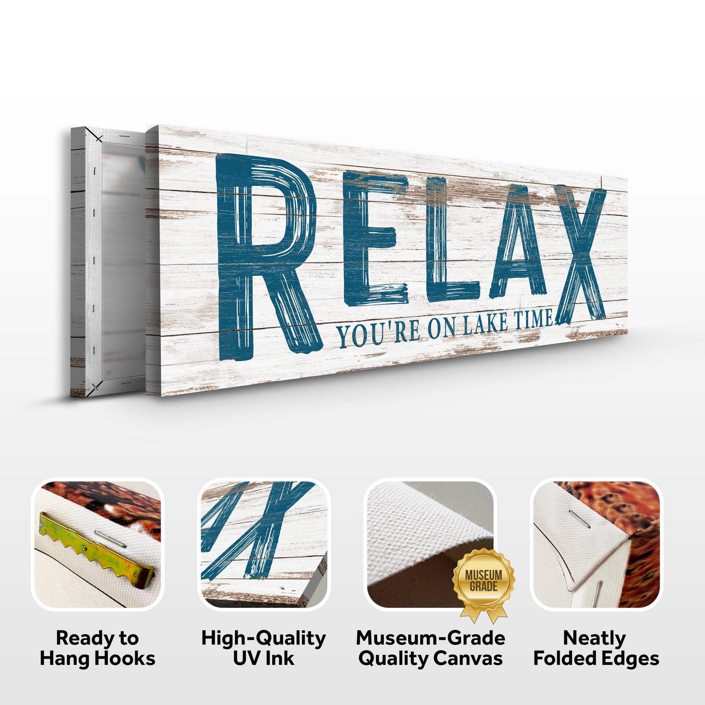 Relax You're on Lake Time Sign canvas on rustic white wood with blue distressed lettering on Tampa Home & Garden Store