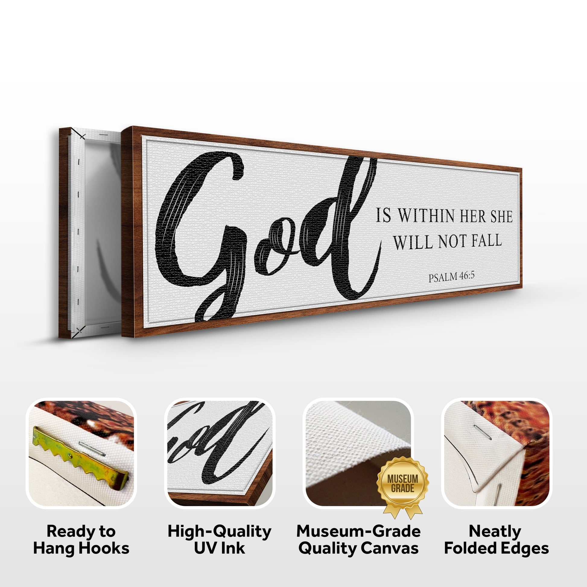 Canvas sign Tailored Canvases with God Is Within Her Psalm 46:5 textured canvas in wood frame on Tampa Home & Garden Store