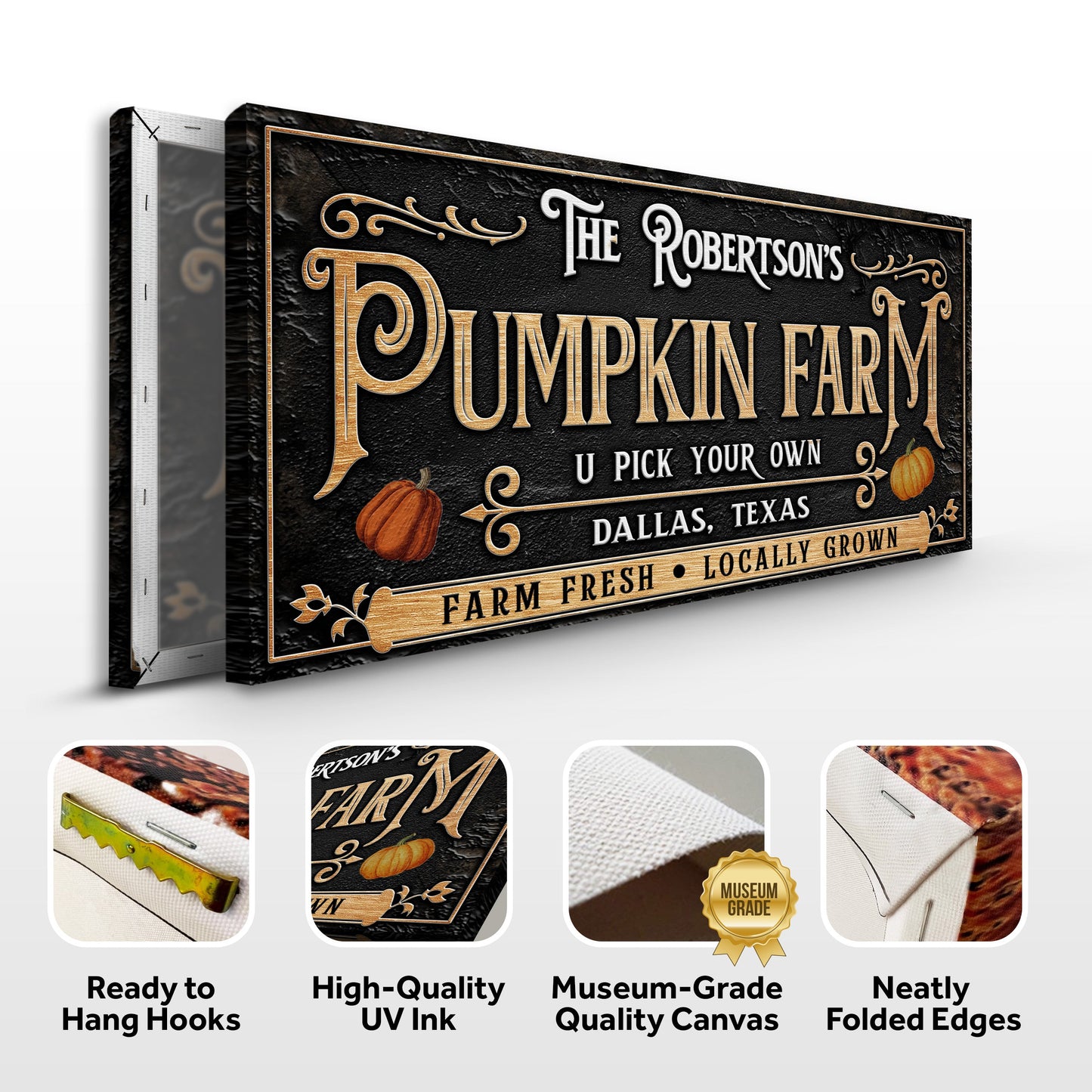 Personalized Pumpkin Farm Halloween Sign canvas by Tailored Canvases, black and gold design on Tampa Home & Garden Store