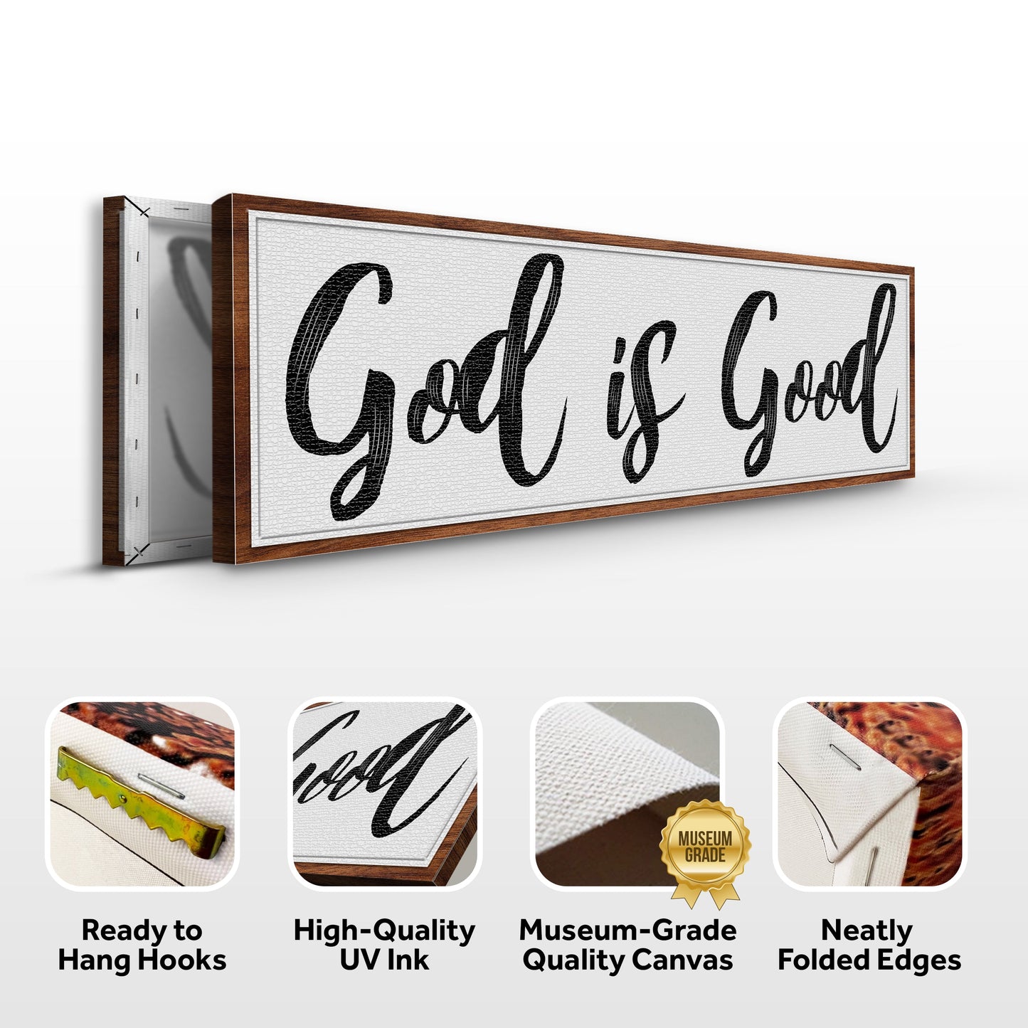 God Is Good Faith Sign III canvas by Tailored Canvases, white textured surface with black script on Tampa Home & Garden Store