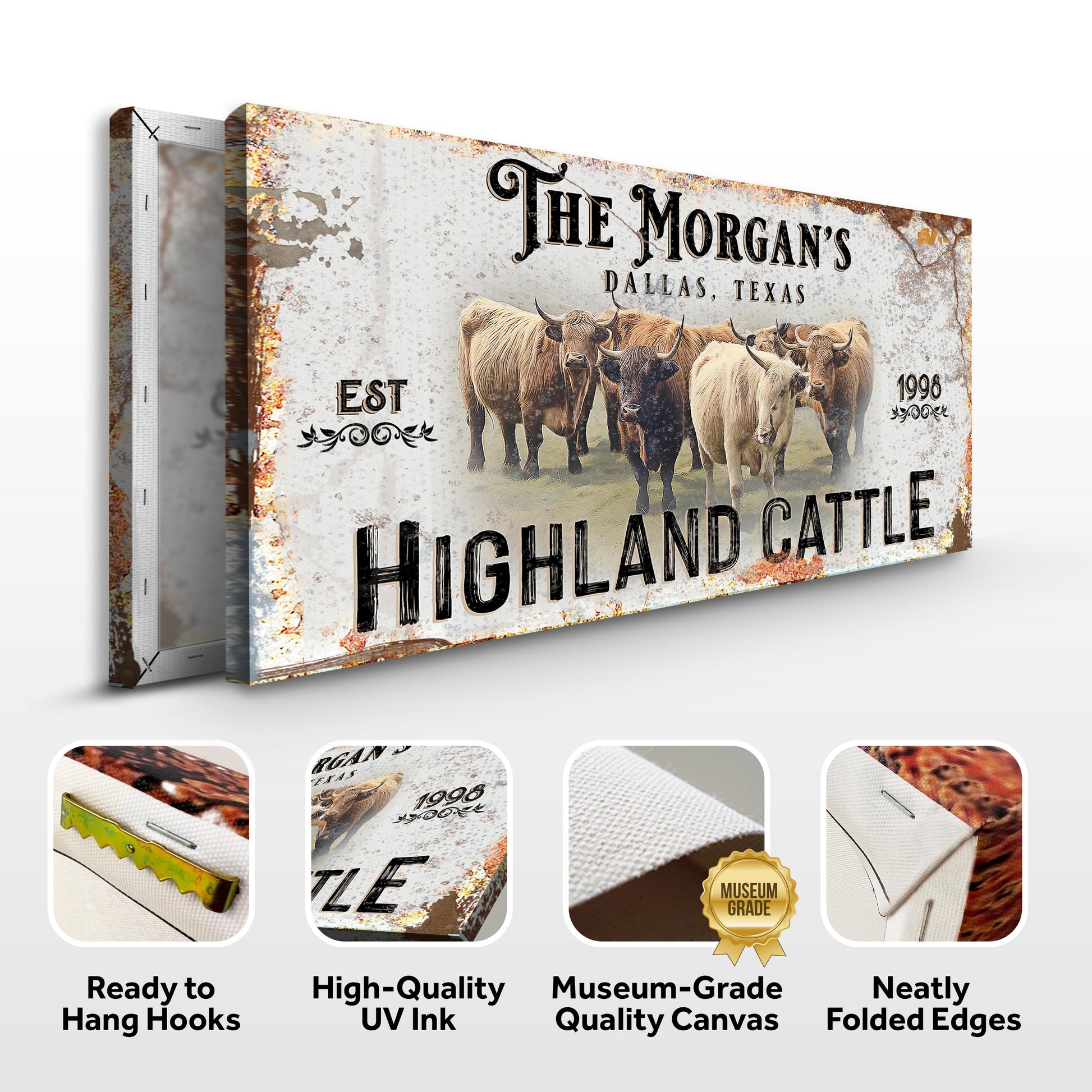 Personalized Highland Cattle Sign III canvas by Tailored Canvases with a distressed finish on Tampa Home & Garden Store
