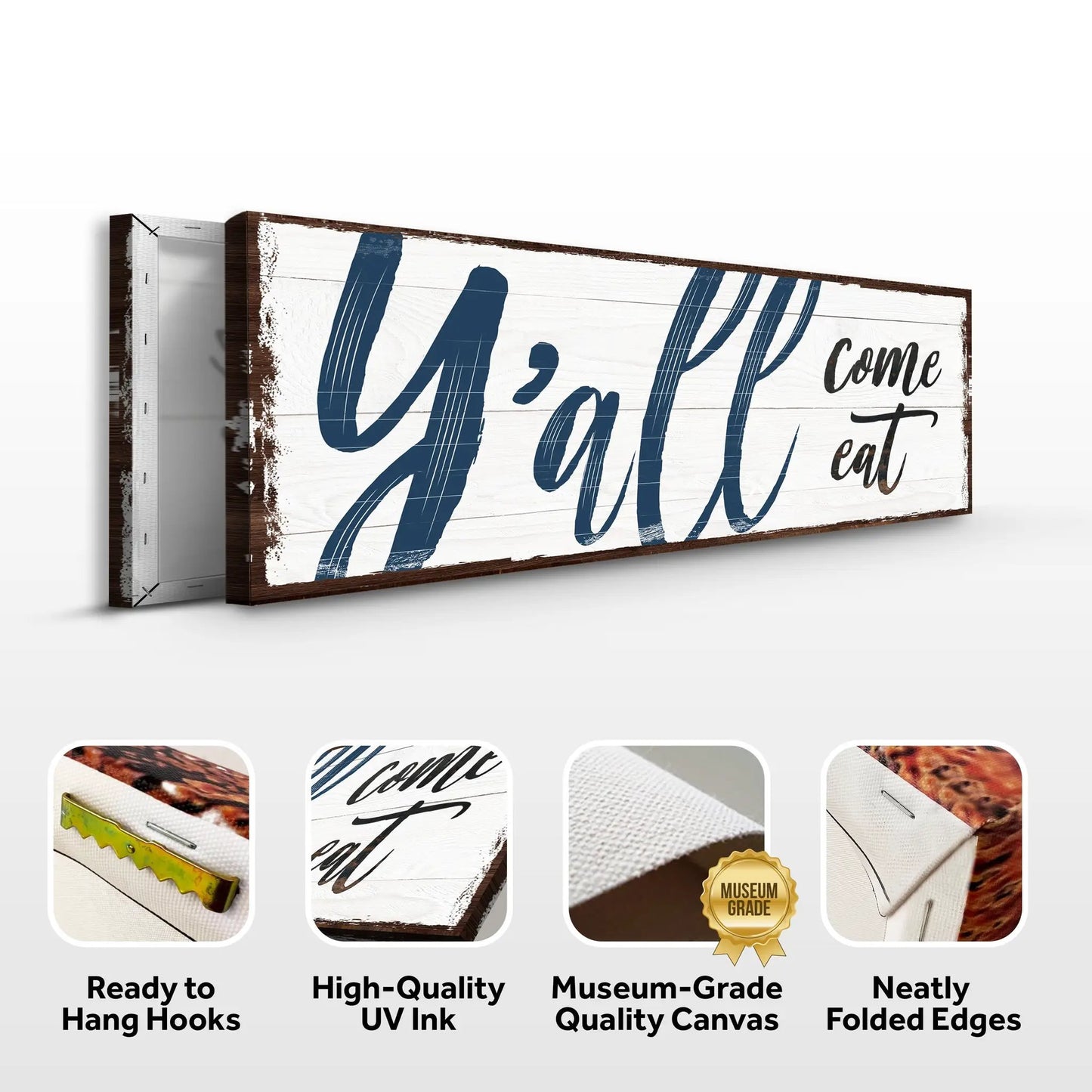 Y'all Come Eat Kitchen Sign II canvas with whitewashed wood and blue script on Tampa Home & Garden Store