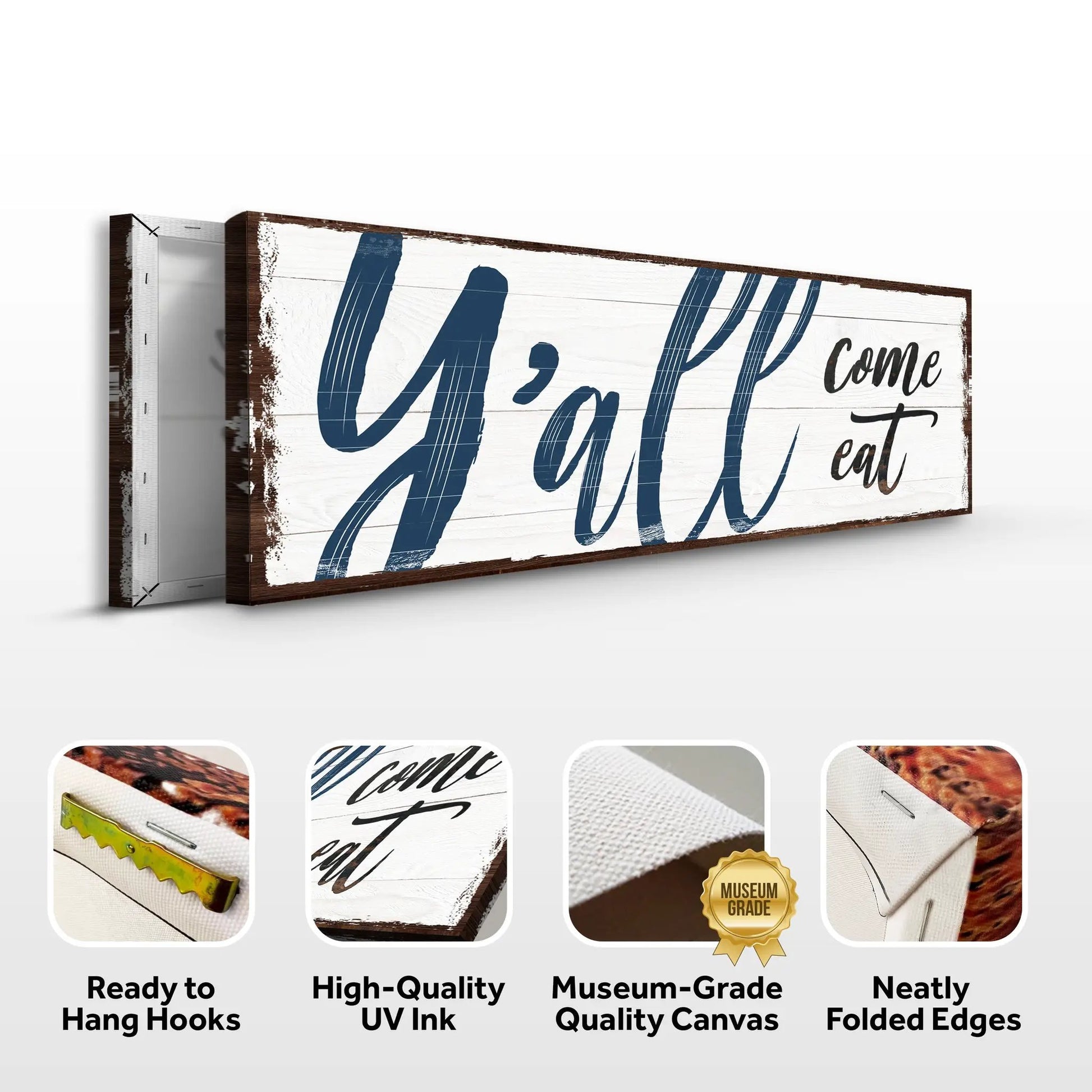 Y'all Come Eat Kitchen Sign II canvas with whitewashed wood and blue script on Tampa Home & Garden Store