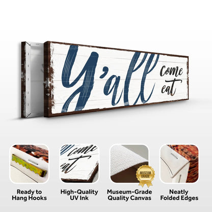 Y'all Come Eat Kitchen Sign II canvas with whitewashed wood and blue script on Tampa Home & Garden Store