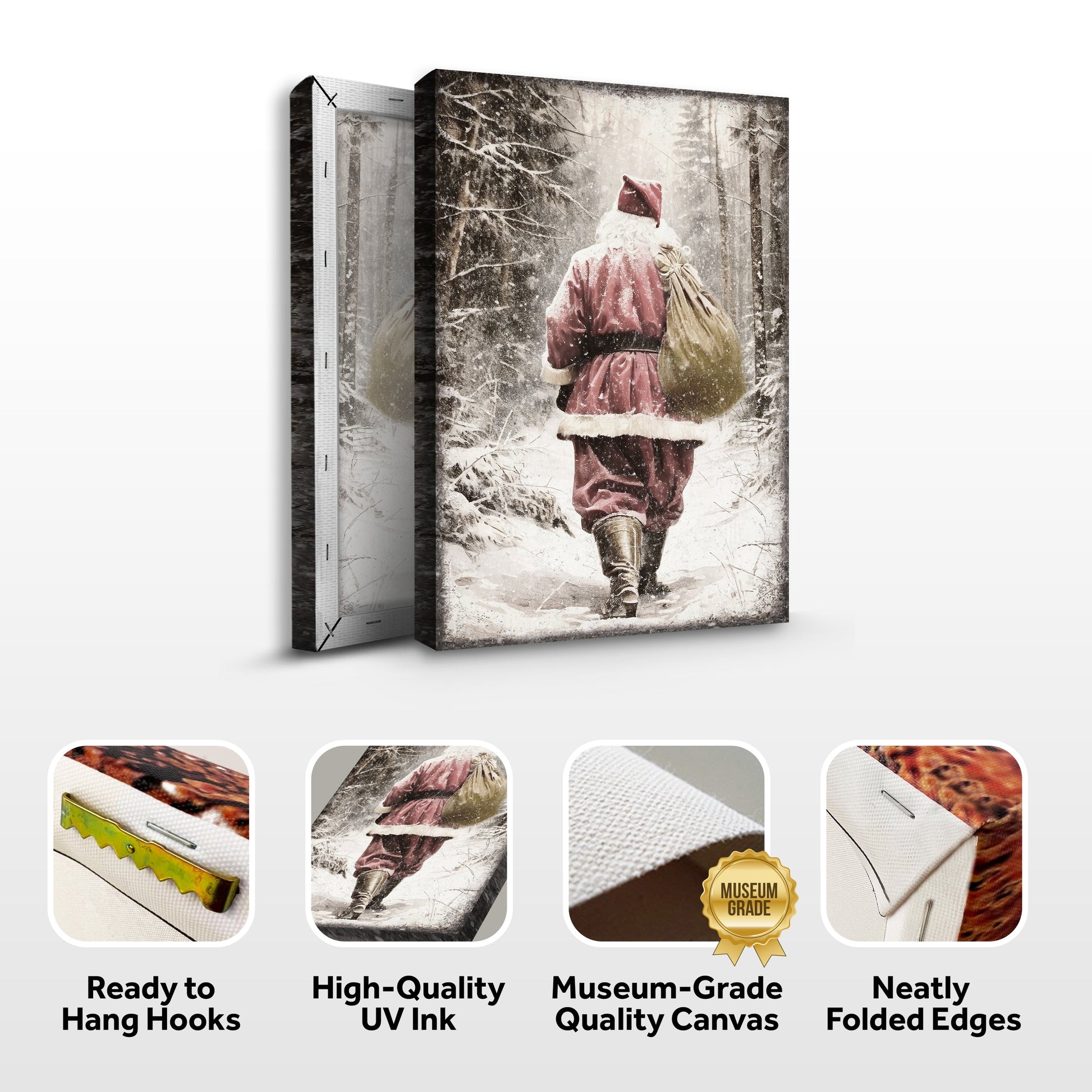 Canvas wall art Vintage Santa Claus in Winter Forest by Tailored Canvases, red coat in snow on Tampa Home & Garden Store