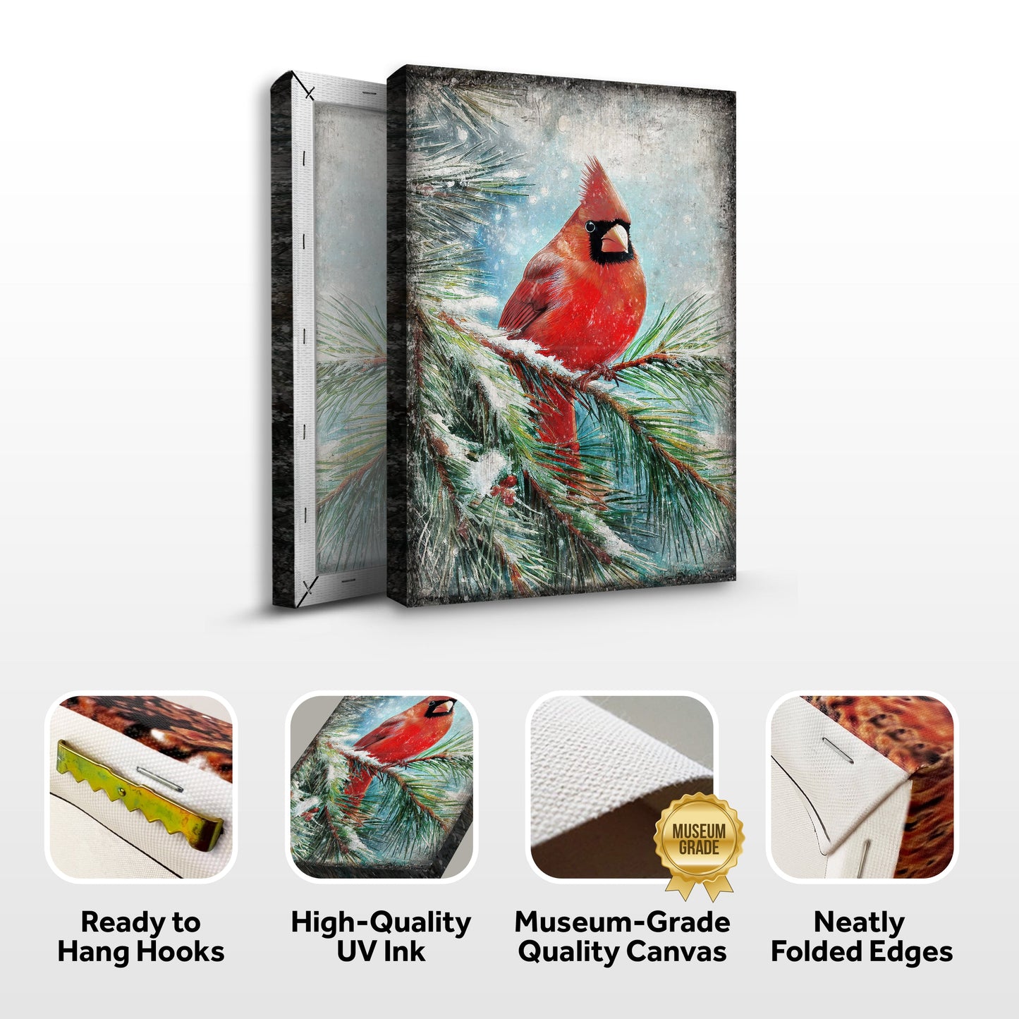 Vintage Cardinal Christmas Wall Art canvas Tailored Canvases, red cardinal on snowy pine on Tampa Home & Garden Store