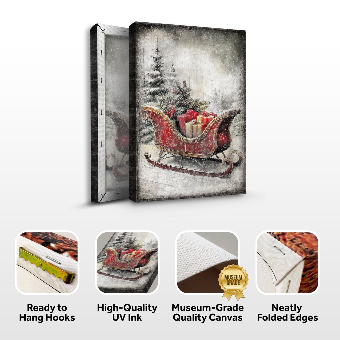 Canvas wall art Vintage Christmas Sleigh Sled by Tailored Canvases, red sleigh plus gifts on Tampa Home & Garden Store