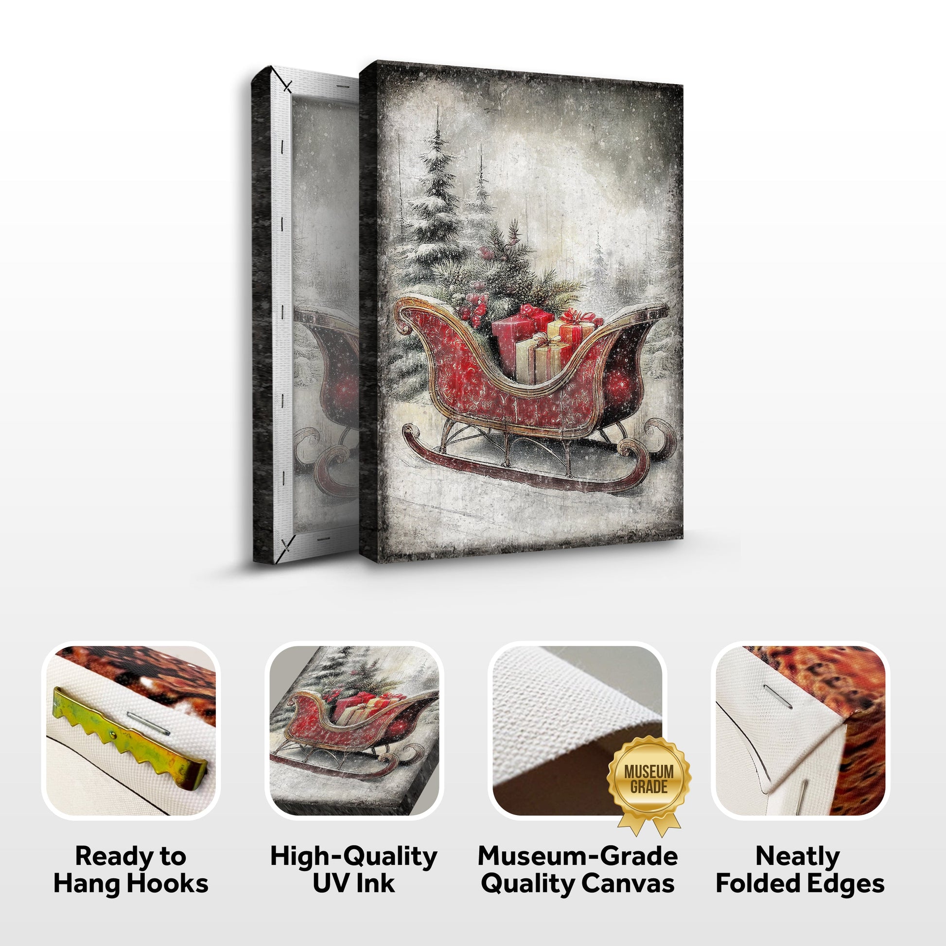 Canvas wall art Vintage Christmas Sleigh Sled by Tailored Canvases, red sleigh plus gifts on Tampa Home & Garden Store