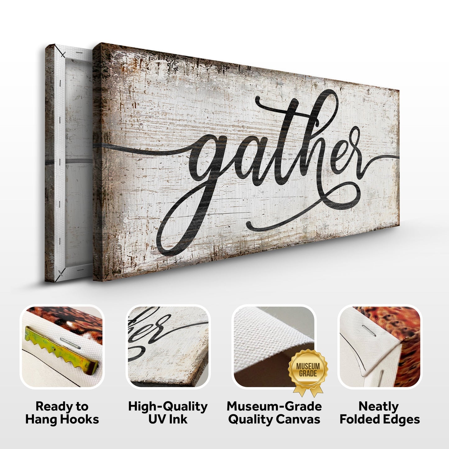 Gather Sign XI Canvas by Tailored Canvases with rustic wood texture and black script lettering on Tampa Home & Garden Store