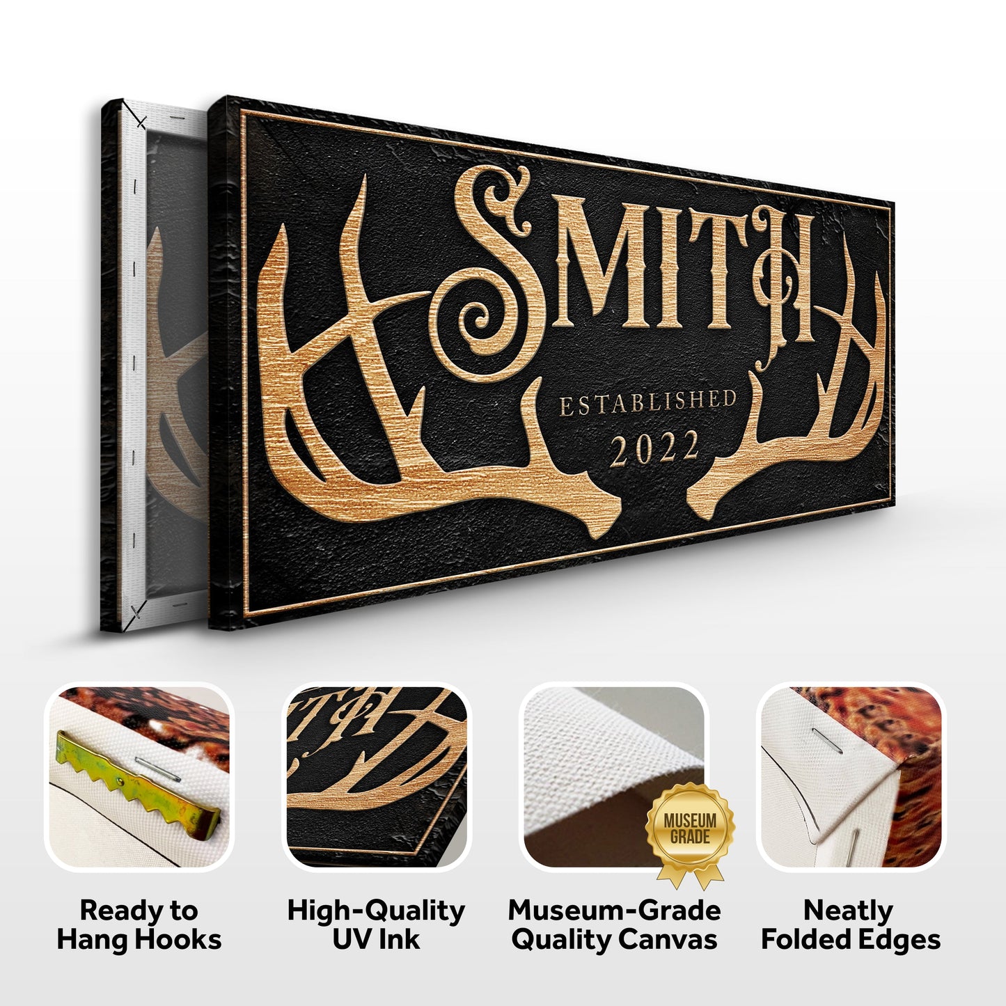 Personalized Family Antler Sign canvas with black background and gold lettering Tailored Canvases on Tampa Home & Garden Store