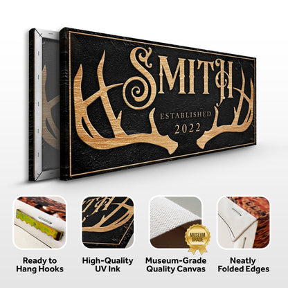 Personalized Family Antler Sign canvas with black background and gold lettering Tailored Canvases on Tampa Home & Garden Store