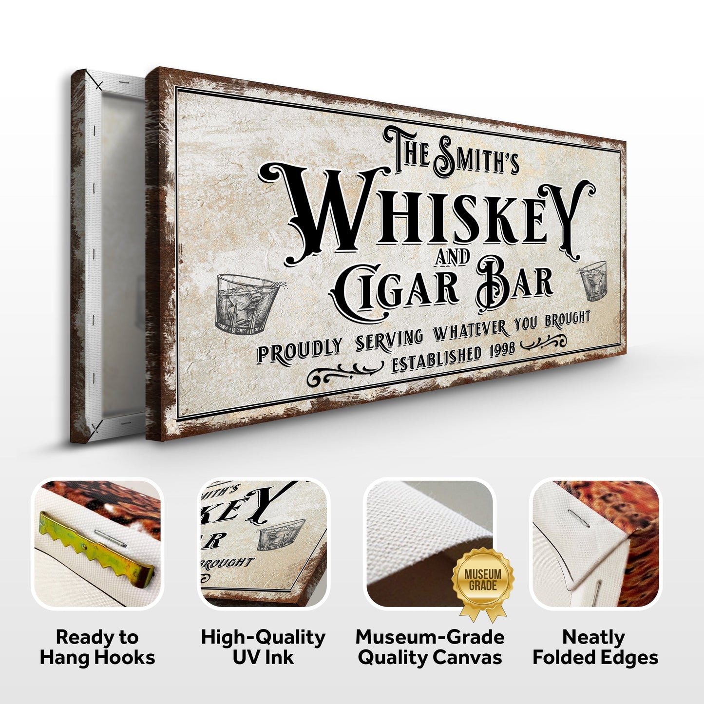 Canvas Personalized Whiskey and Cigar Bar Sign Tailored Canvases; rustic beige finish on Tampa Home & Garden Store