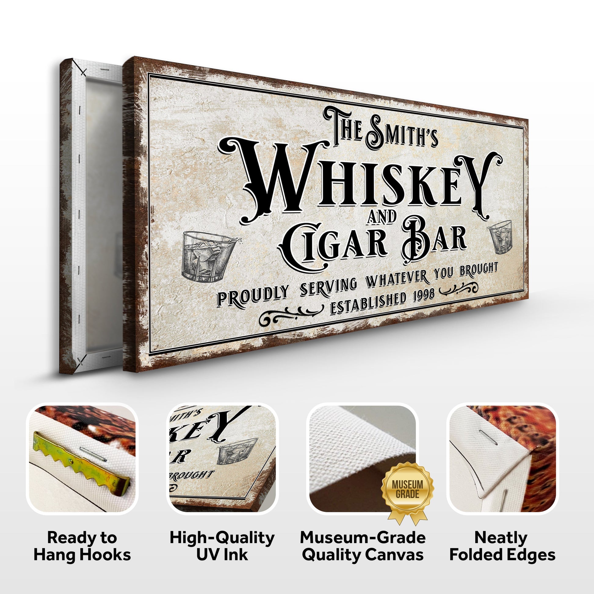 Canvas Personalized Whiskey and Cigar Bar Sign Tailored Canvases; rustic beige finish on Tampa Home & Garden Store