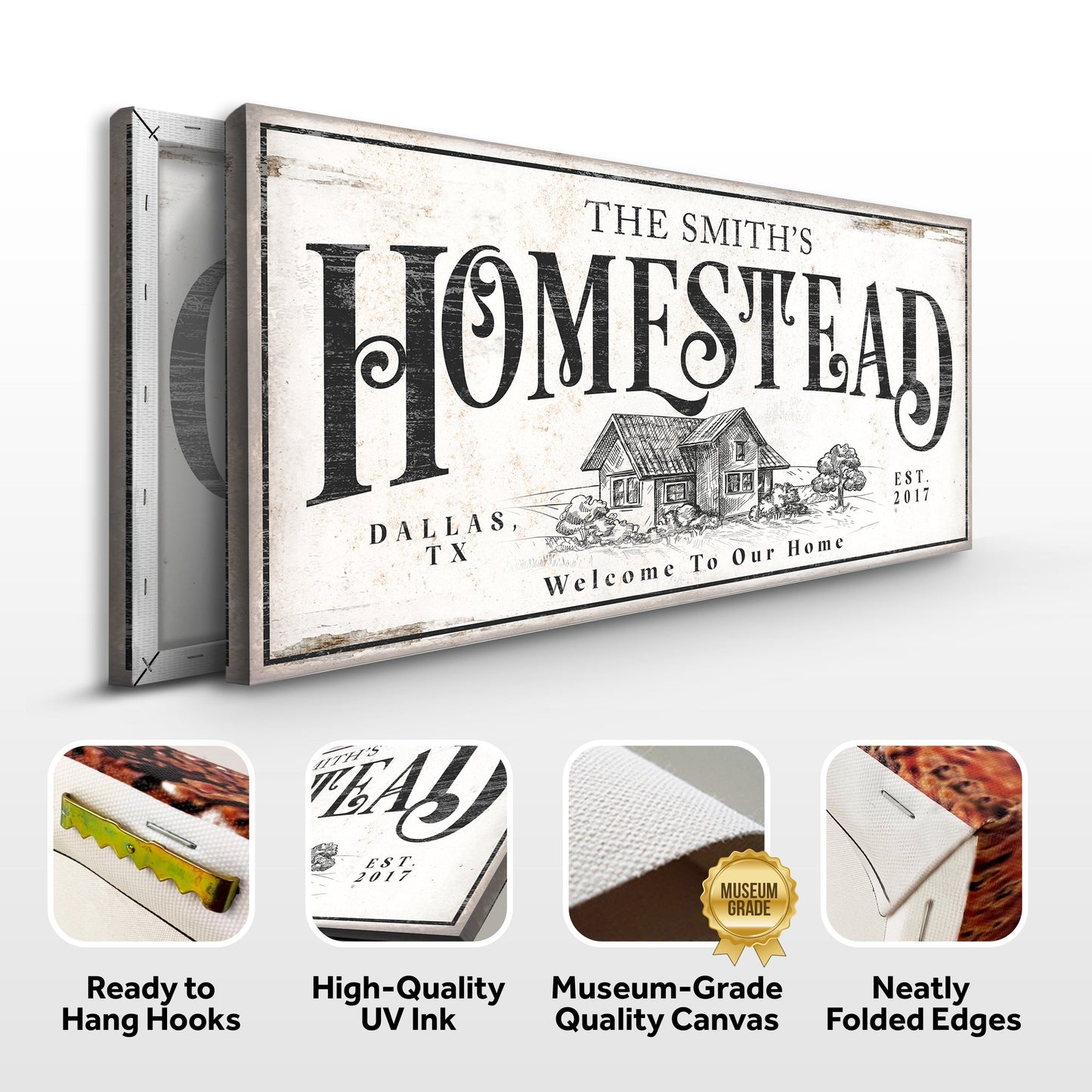 Vintage Homestead Sign II canvas with distressed beige background and large bold letters on Tampa Home & Garden Store