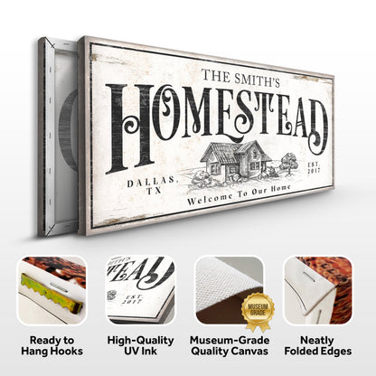 Vintage Homestead Sign II canvas with distressed beige background and large bold letters on Tampa Home & Garden Store