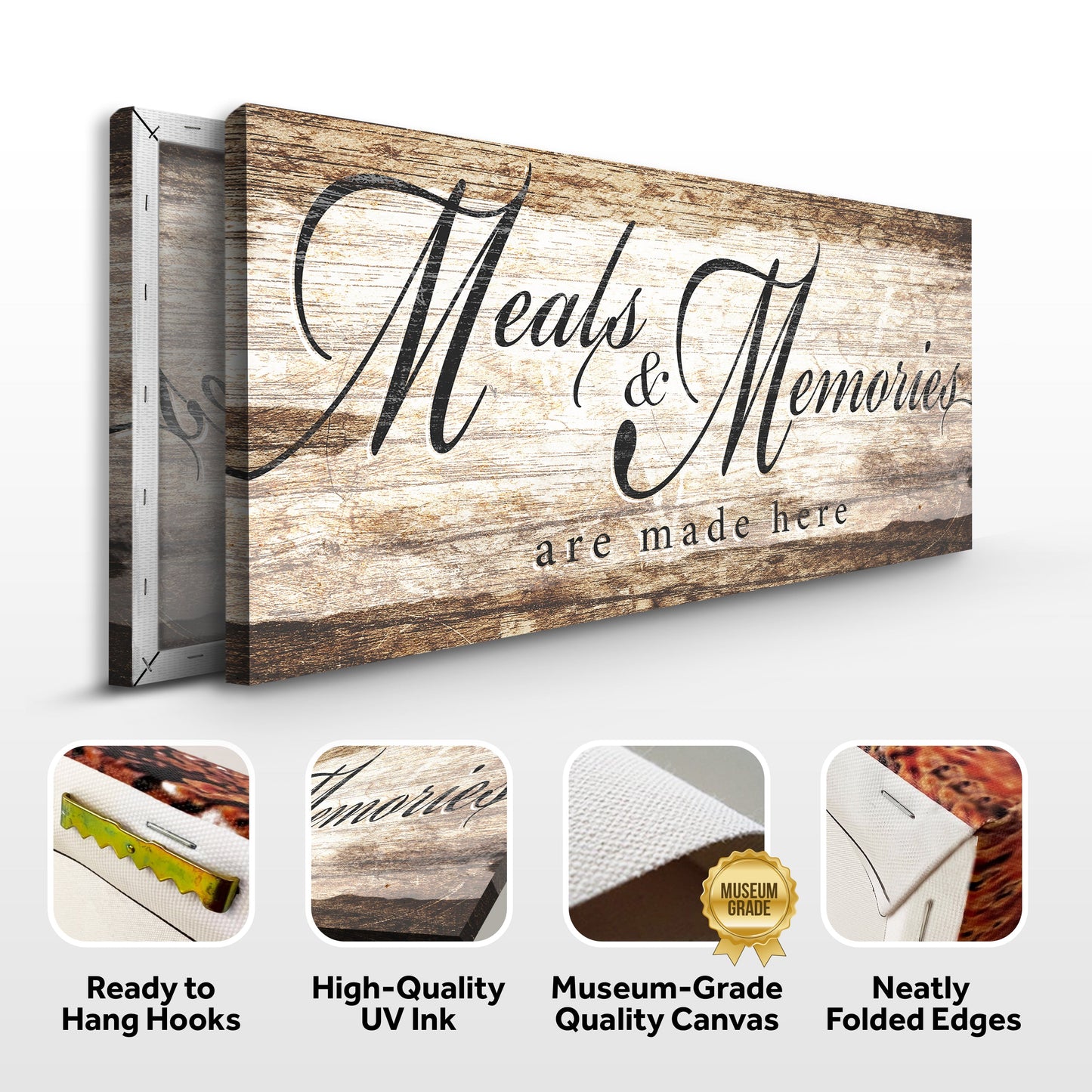 Canvas kitchen sign with wood background and script Meals & Memories are made here on Tampa Home & Garden Store