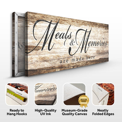 Canvas kitchen sign with wood background and script Meals & Memories are made here on Tampa Home & Garden Store