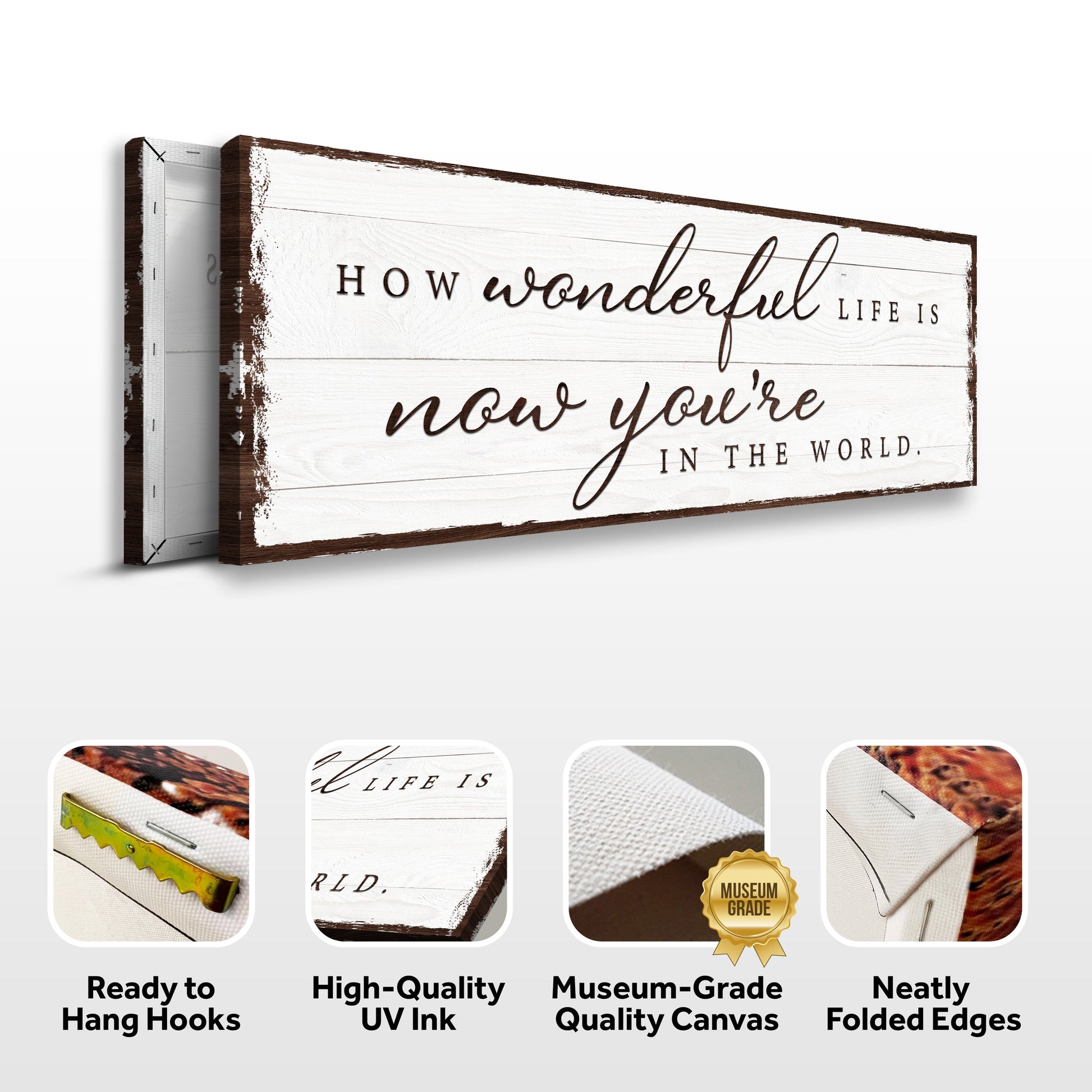 Canvas sign How Wonderful Life Is Now You're In The World IV on distressed white wood on Tampa Home & Garden Store