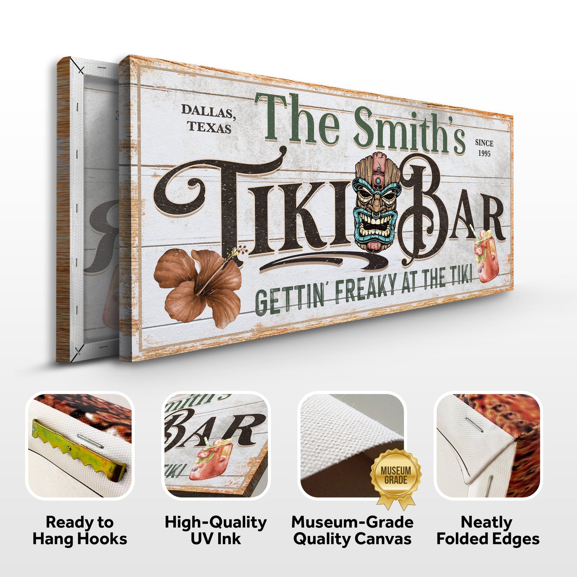 Personalized Tiki Bar Sign Canvas with rustic wood background and green typography on Tampa Home & Garden Store