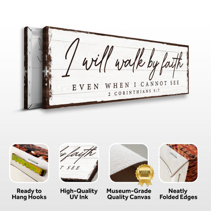 I Will Walk By Faith canvas sign rustic whitewashed wood brown edges 2 Corinthians 5:7 on Tampa Home & Garden Store