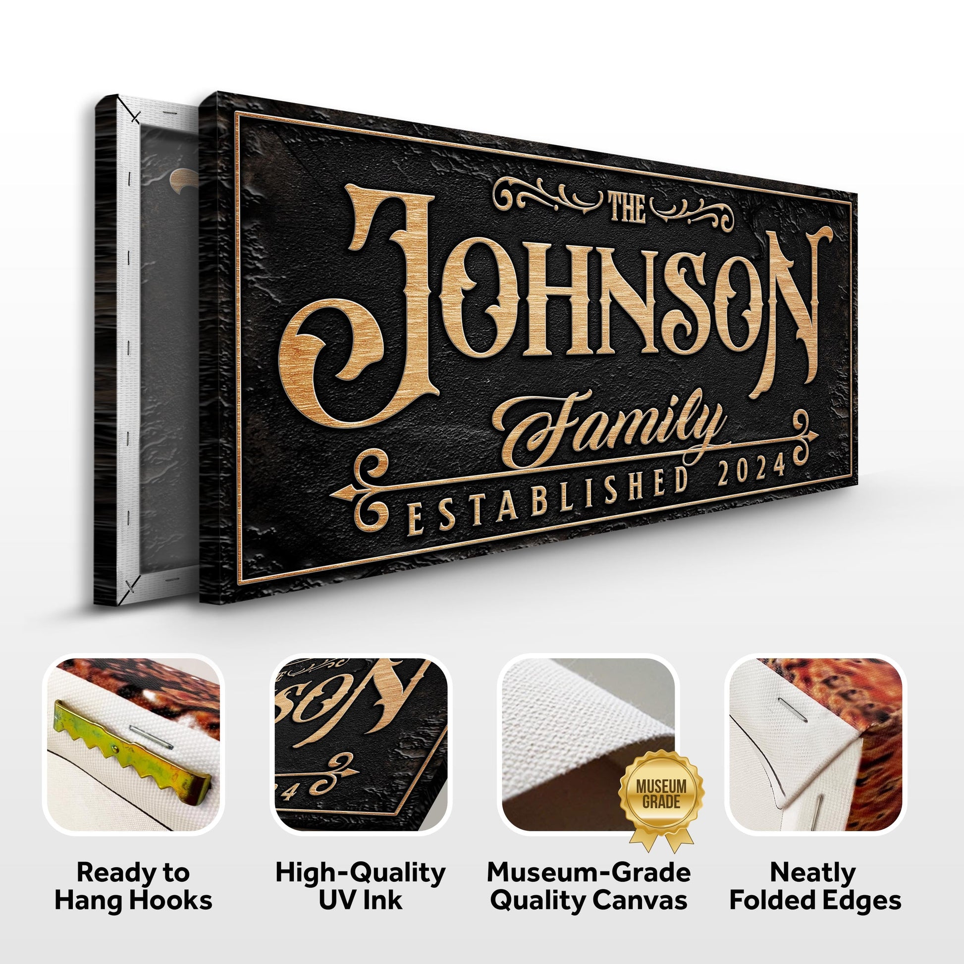 Personalized Family Sign X canvas by Tailored Canvases with gold lettering on black on Tampa Home & Garden Store