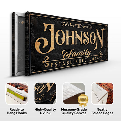 Personalized Family Sign X canvas by Tailored Canvases with gold lettering on black on Tampa Home & Garden Store