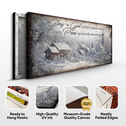 Vintage Luke 2:14 Scripture Sign II canvas by Tailored Canvases with snowy village scene on Tampa Home & Garden Store
