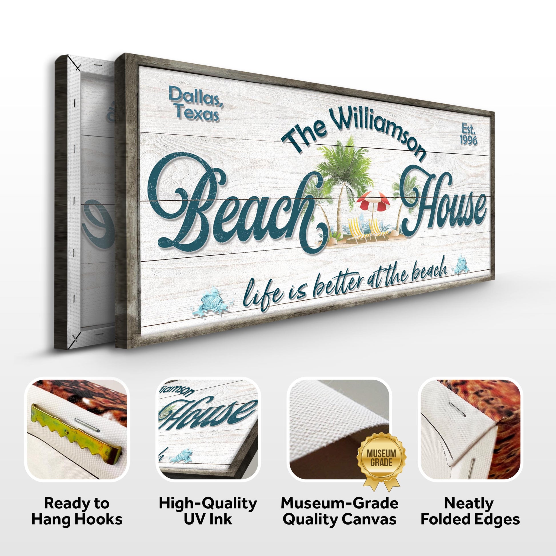 Personalized Beach House Sign III canvas with distressed white wood and palm coastal design Tailored Canvases on Tampa Home & Garden Store