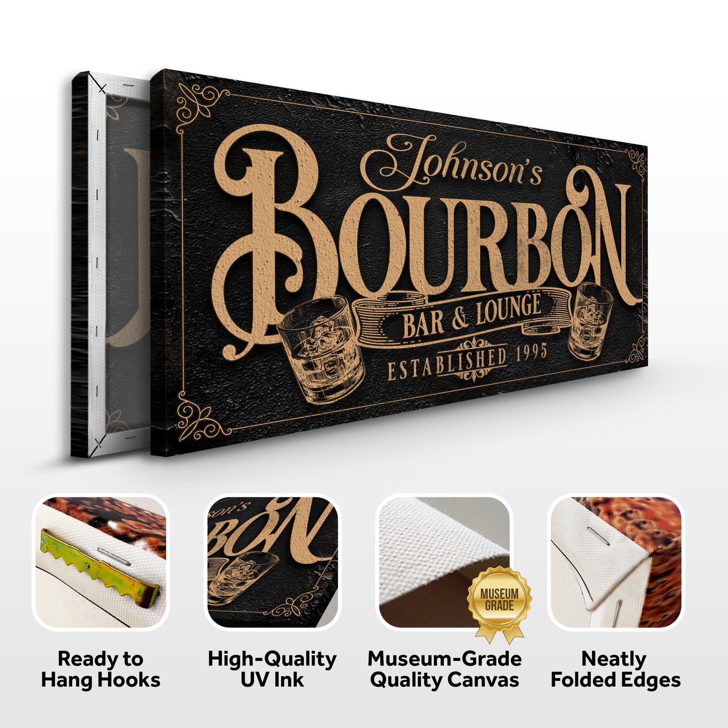 Personalized Bourbon Bar Sign II canvas with black and copper lettering by Tailored Canvases on Tampa Home & Garden Store