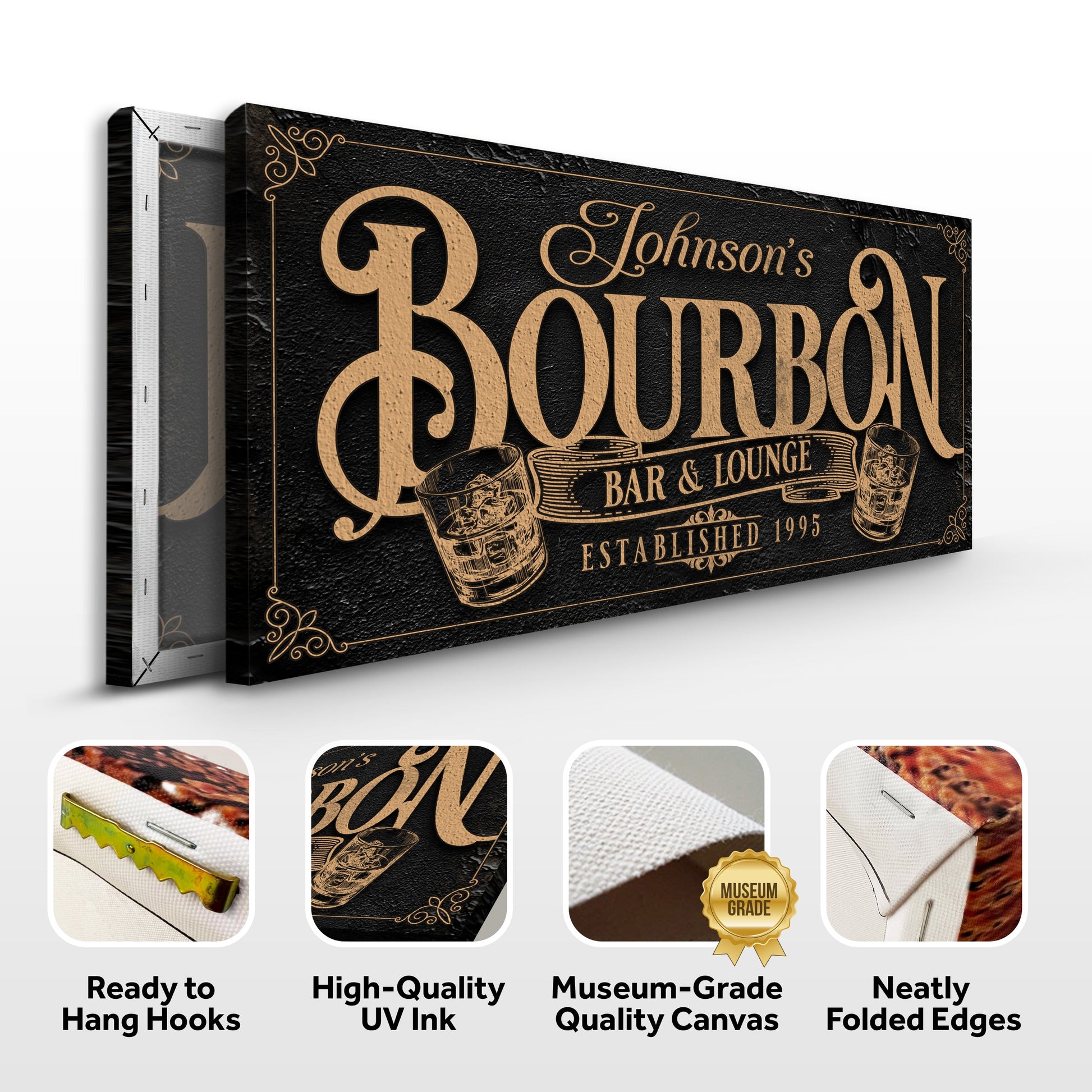 Personalized Bourbon Bar Sign II canvas with black and copper lettering by Tailored Canvases on Tampa Home & Garden Store