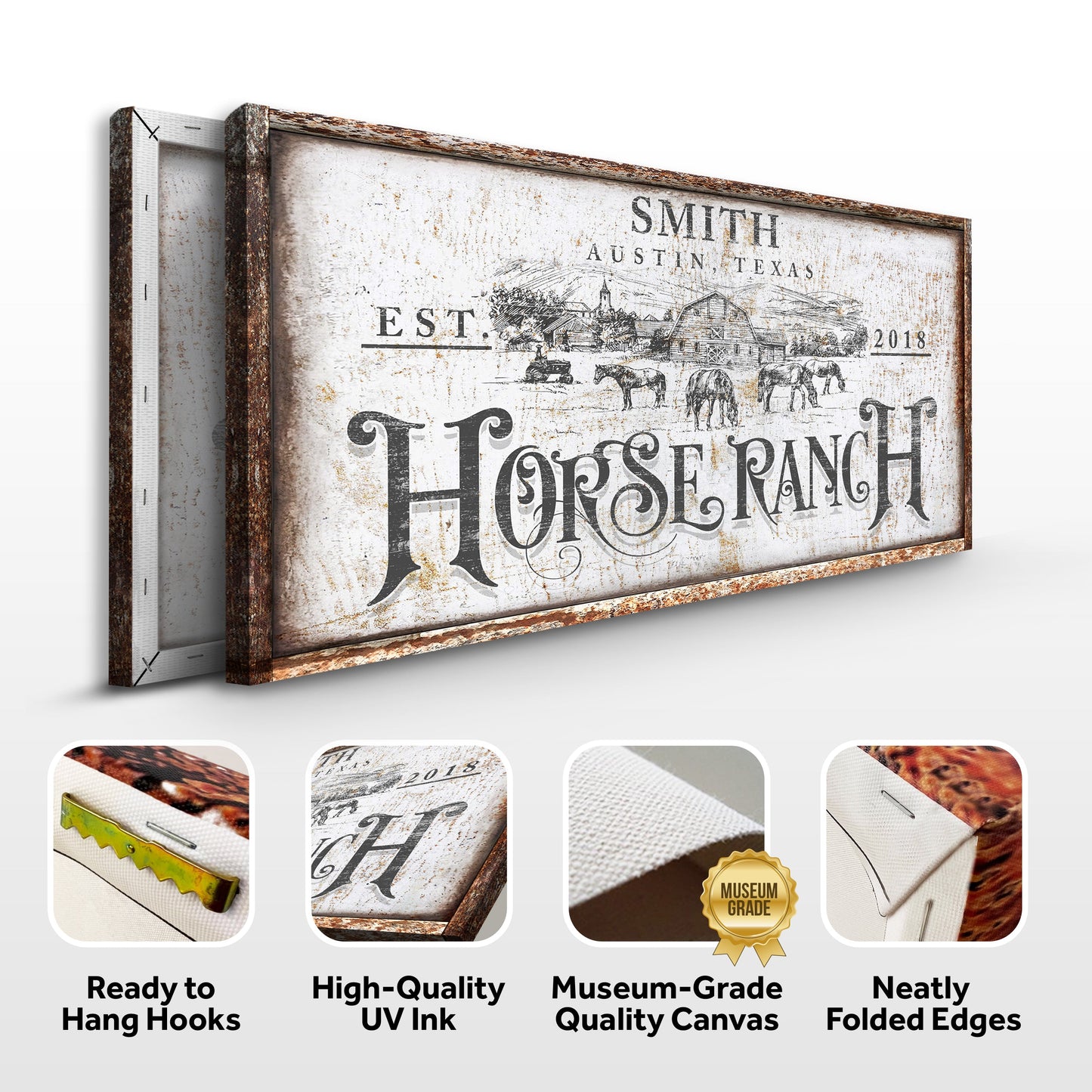 Rustic Vintage Horse Ranch Sign III canvas with distressed wood frame and ranch scene on Tampa Home & Garden Store