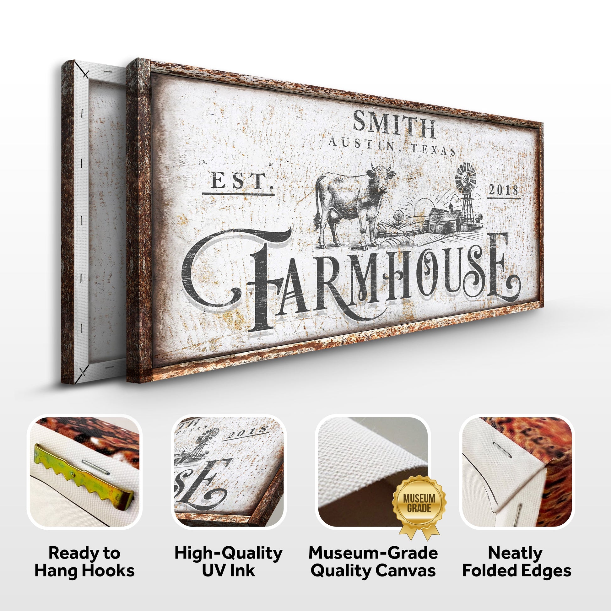 Rustic Vintage Farmhouse Sign II Canvas by Tailored Canvases; weathered white, rust frame on Tampa Home & Garden Store