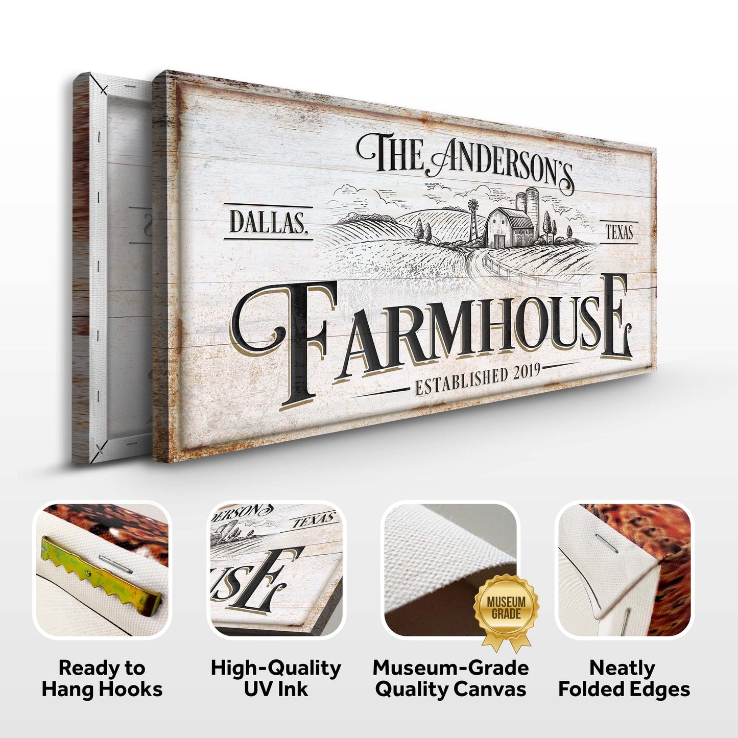 Personalized farmhouse canvas sign by Tailored Canvases with rustic wood background on Tampa Home & Garden Store
