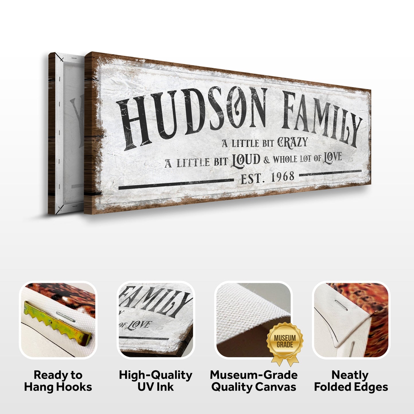 Family Sign XXII canvas by Tailored Canvases, white wood-frame with vintage lettering on Tampa Home & Garden Store